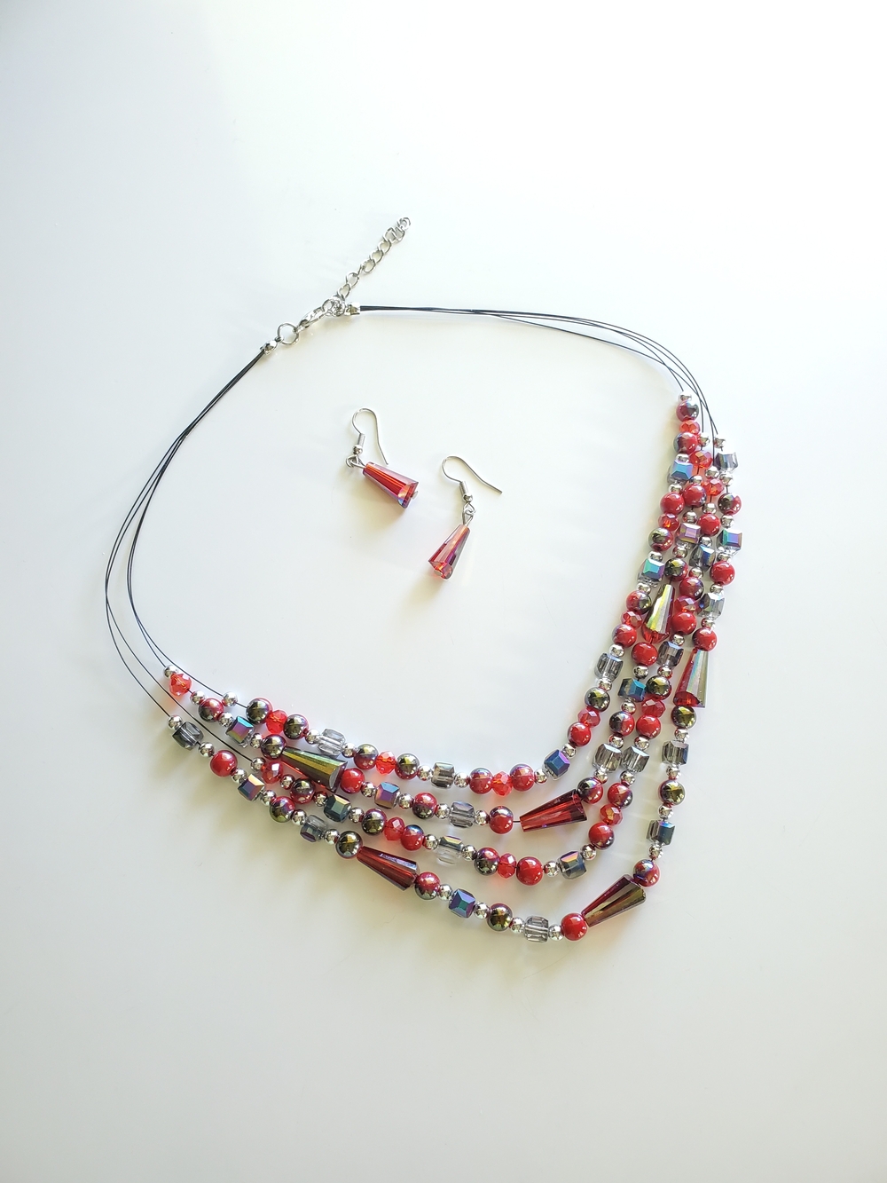 Multi-Strand Red Beaded Necklace with Matching Earrings
